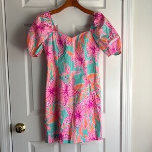 Lilly Pulitzer Tropical Floral Puff Sleeve Mini Dress - Pink & Aqua